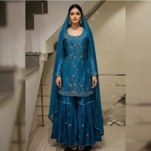 Royal Blue Straight Sharara Suit with Handwork Party Wear