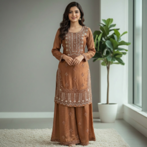 Light brown straight-cut sharara suit with intricate handwork, perfect for party wear.