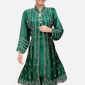 Green extra koti suit in Fendy fabric with handwork and jarkan for party wear