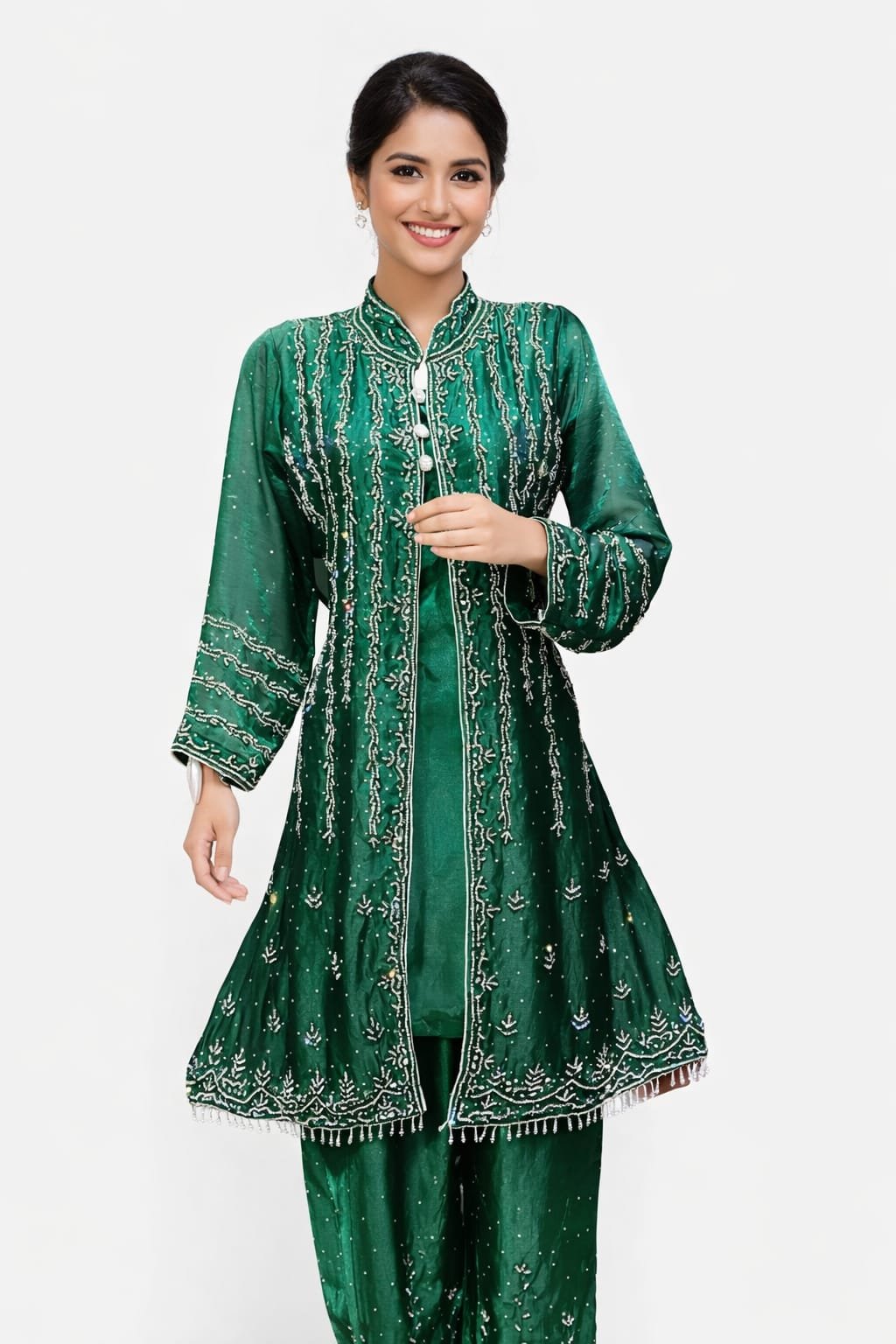 Green extra koti suit in Fendy fabric with handwork and jarkan for party wear