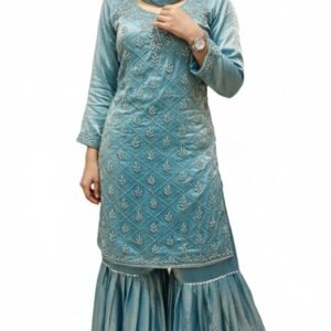 Light firozi sharara suit in Fendy fabric with moti and jarkan work for party wear